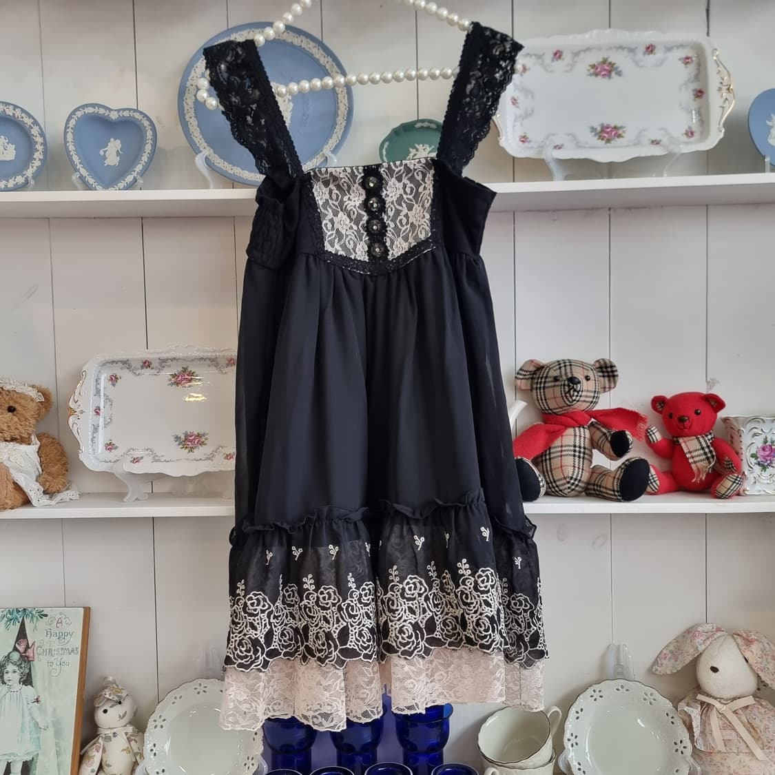 블랙 레이스 장식 시스루 원피스 상품이미지1