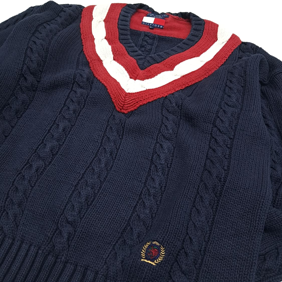 CN974 M 타미힐피거 다크네이비 크리켓 V넥 케이블 니트 스웨터 상품이미지3