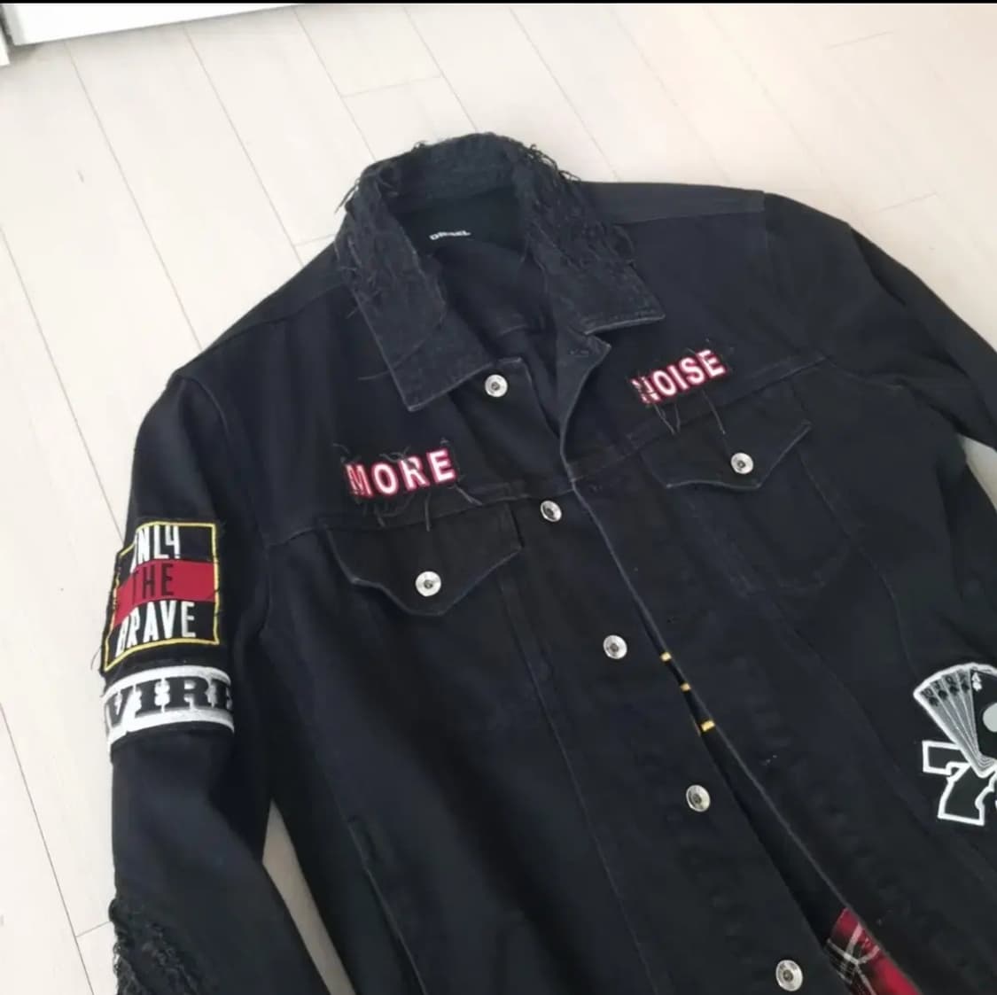 XL) 디젤 디스트로이드 패치 레이어드 커스텀 트러커 간절기 자켓 블랙 상품이미지4