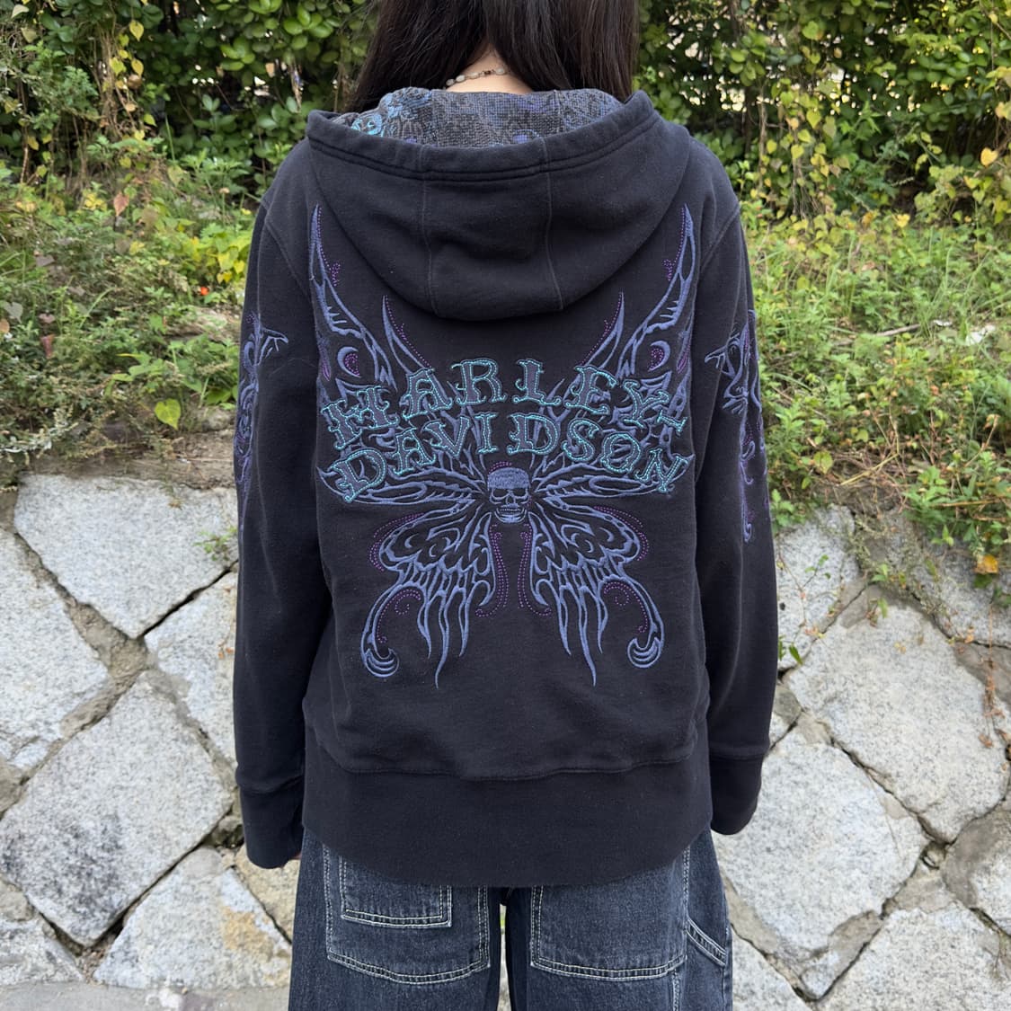 2011 투웨이 리버시블 할리데이비슨 해골 나비 후드 집업 상품이미지8