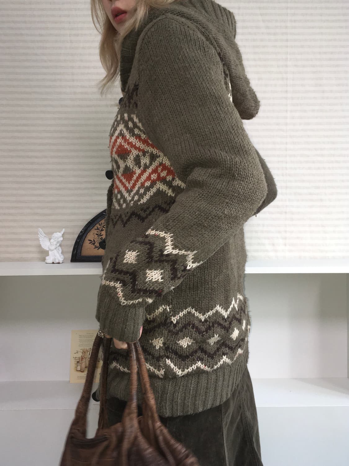 nordic khaki check hood heavy wool cardi 상품이미지3