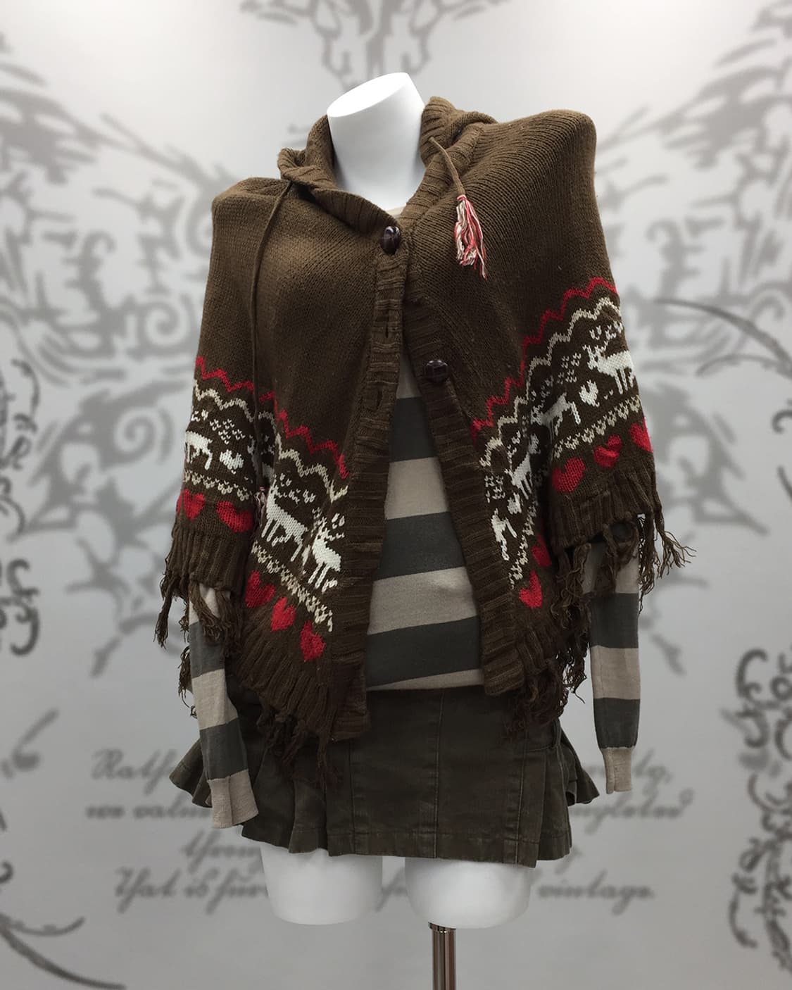 Nordic pattern fringe hooded knit cape 상품이미지2