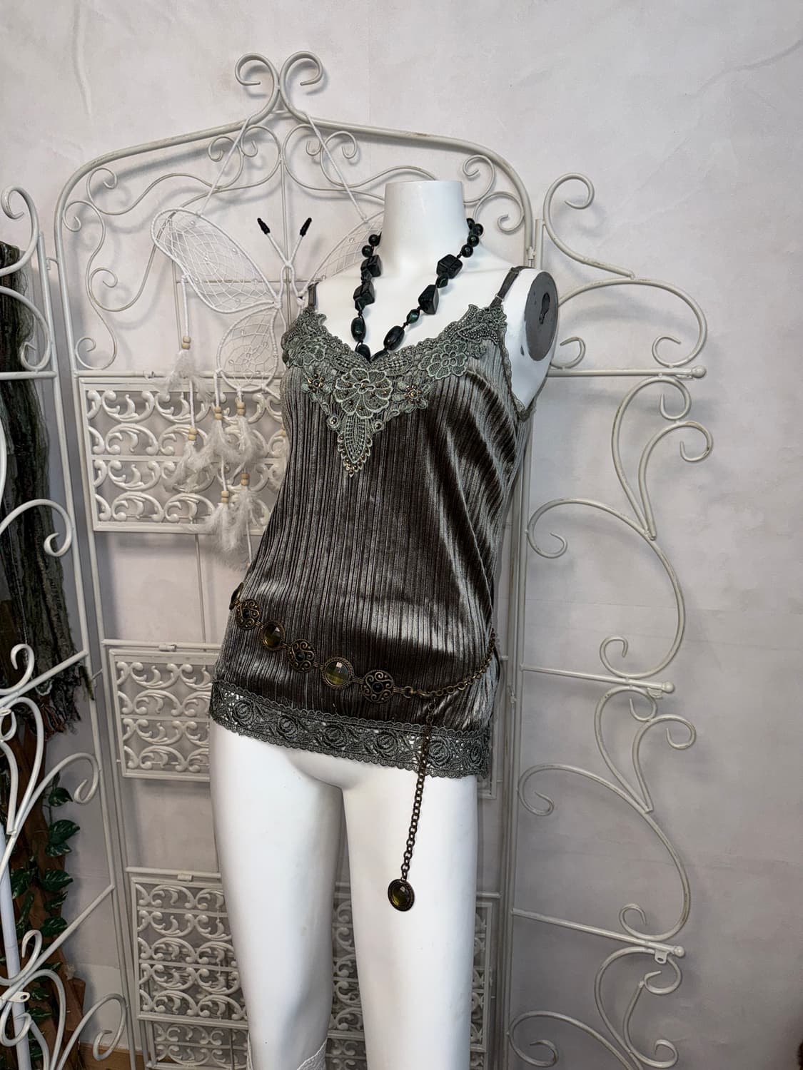 Ash khaki fairy lace velvet pleats 슬리브리스 상품이미지2