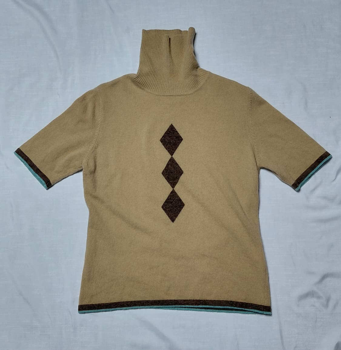 (울 100%) IY BASICS 아가일 패턴 반팔 터틀넥 니트 상품이미지1