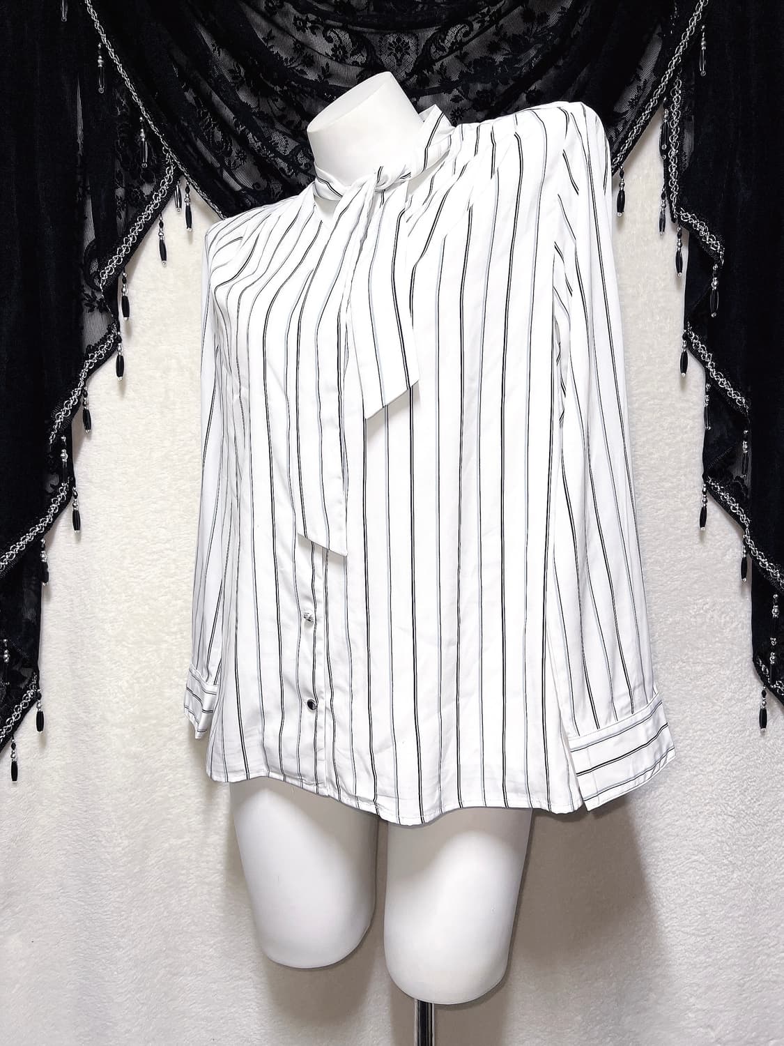 로맨틱갸루 스트라이프 타이 블라우스 셔츠 로걀탑 긱시크 프레피 오피스 상품이미지1