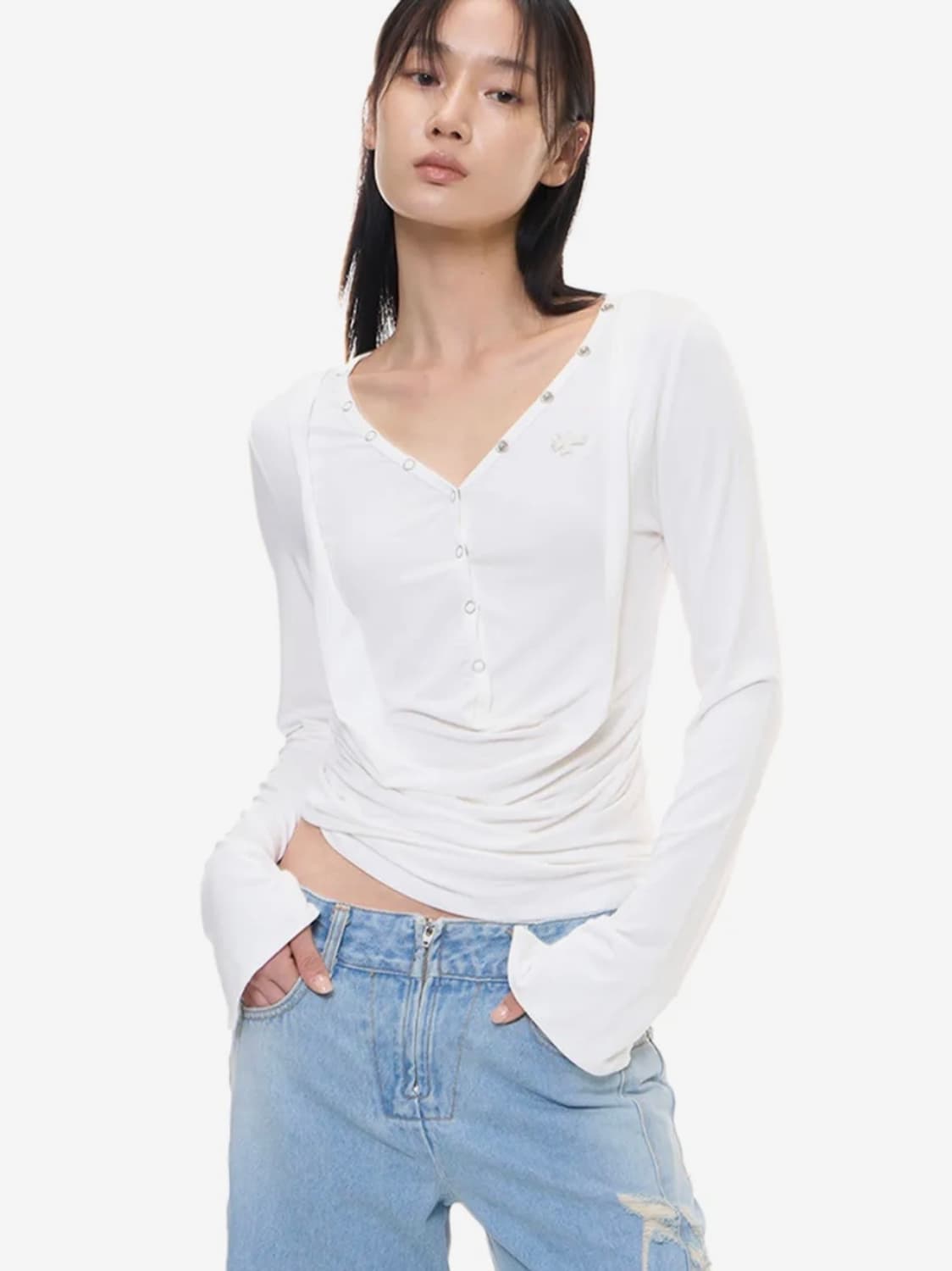 2000아카이브스 드레이프 헨리 탑 화이트  상품이미지2