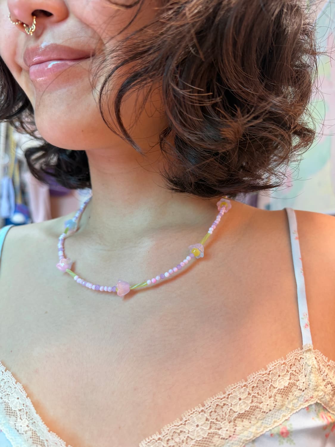 핸드메이드🌷봄꽃(바이올렛)비즈 목걸이 상품이미지3