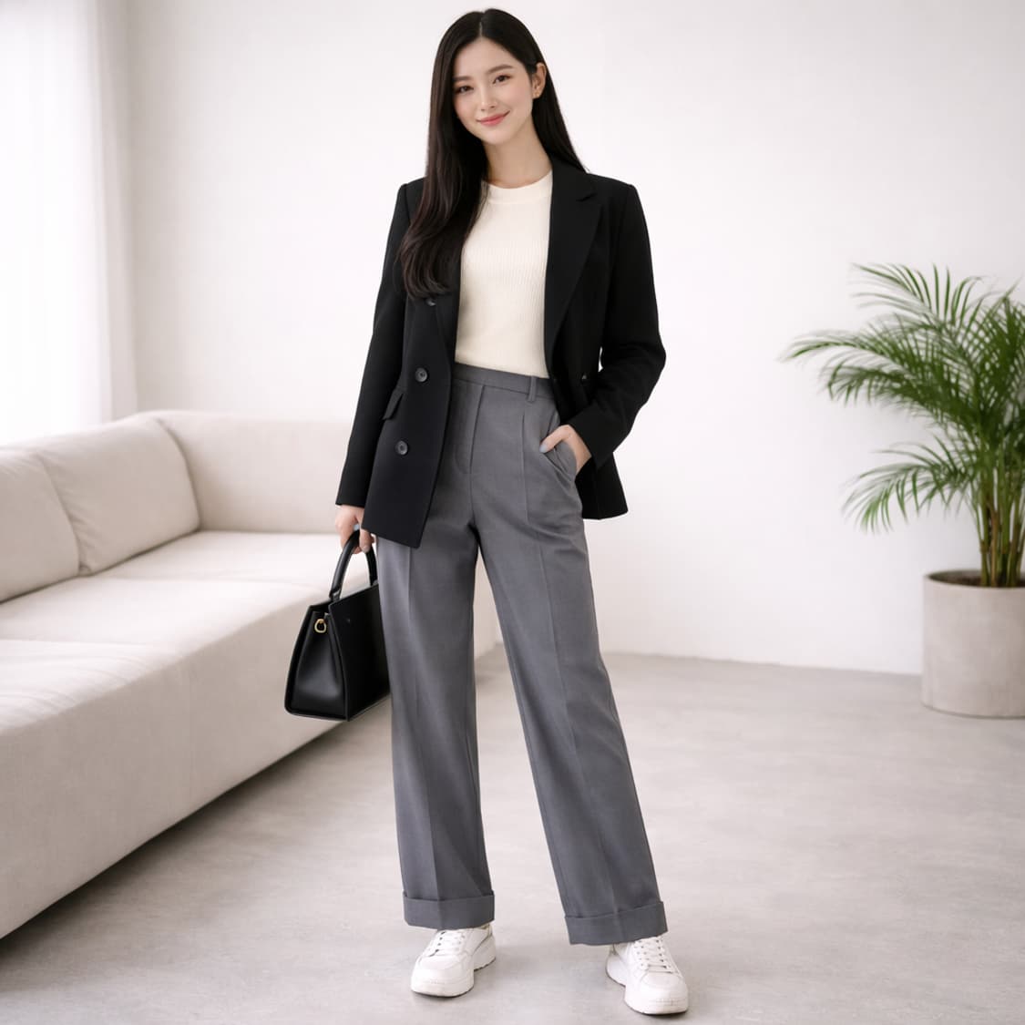 그로브(GROVE) 백버튼 핀턱 턴업 슬랙스 차콜 상품이미지1