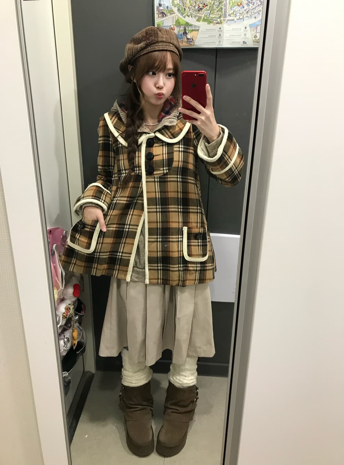 베이지 니혼진 모리걸 체크 코트 코디세트 상품이미지2