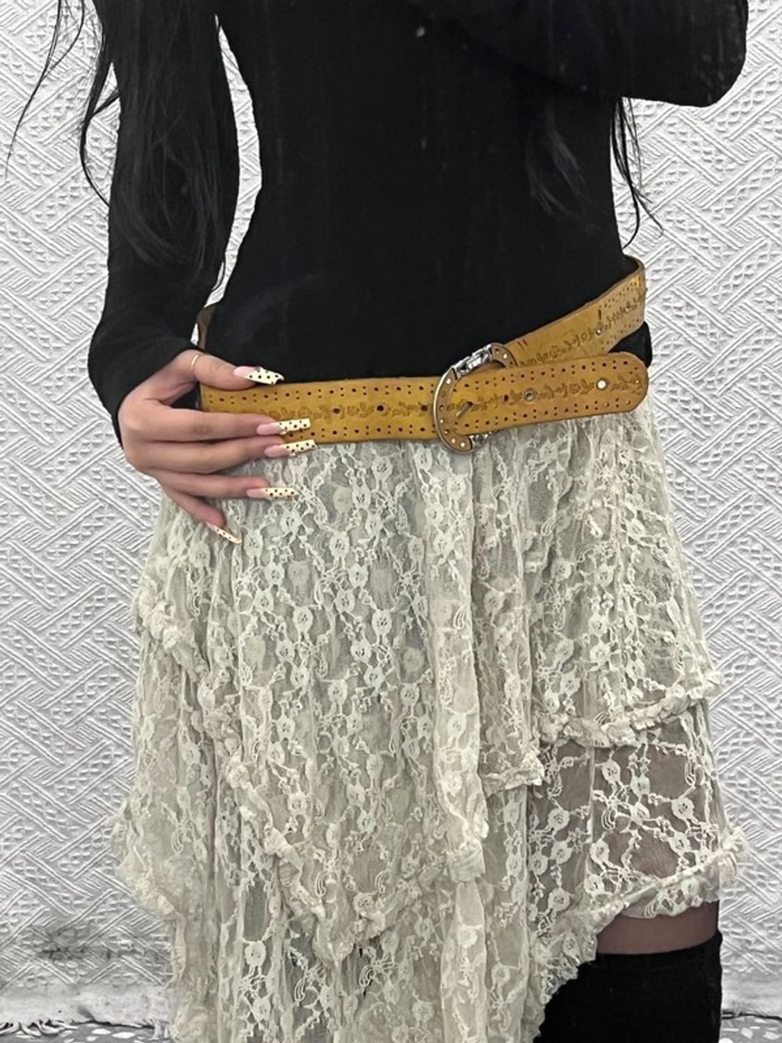 빈티지 레트로 웨스턴 히피 펀칭 스터드 벨트 C09647 상품이미지1