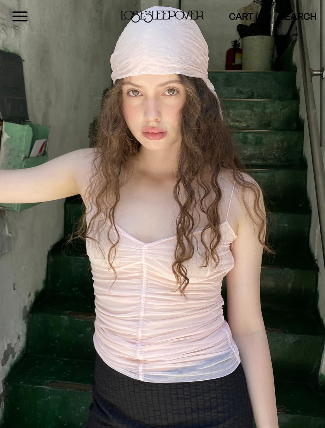 루즈슬립오버 Mesh Ribbon Shirred Camisole *Blu 상품이미지1