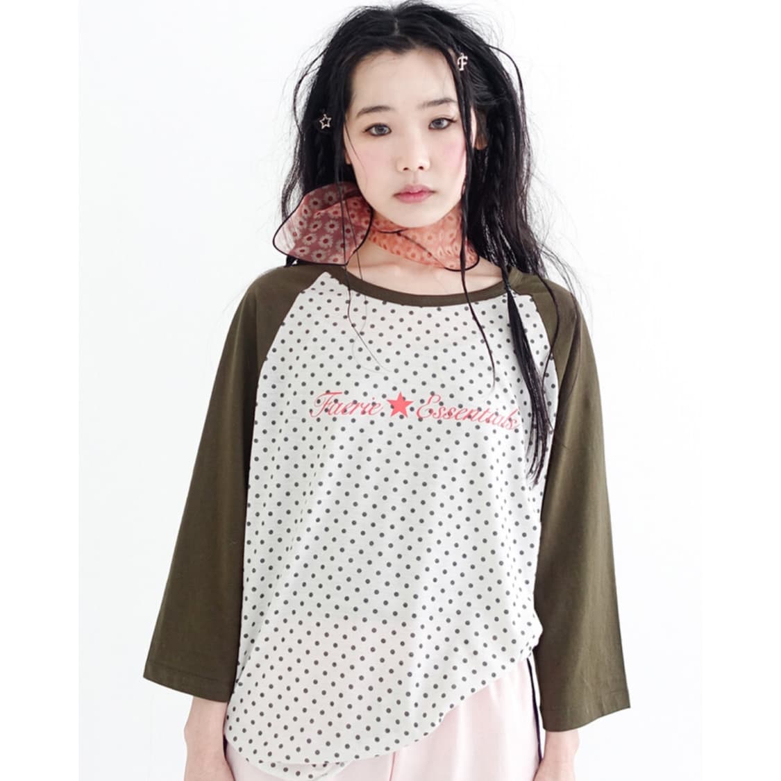 샵페어리 도트 레글런 슬리브 탑 카키 긴팔 티셔츠 상품이미지2