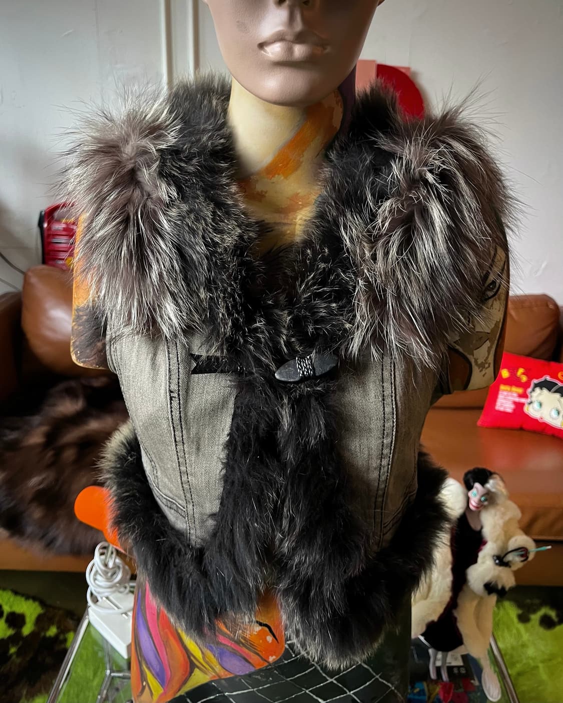 JPN Vintage Fox Fur Trim Gray Denim Vest 상품이미지2
