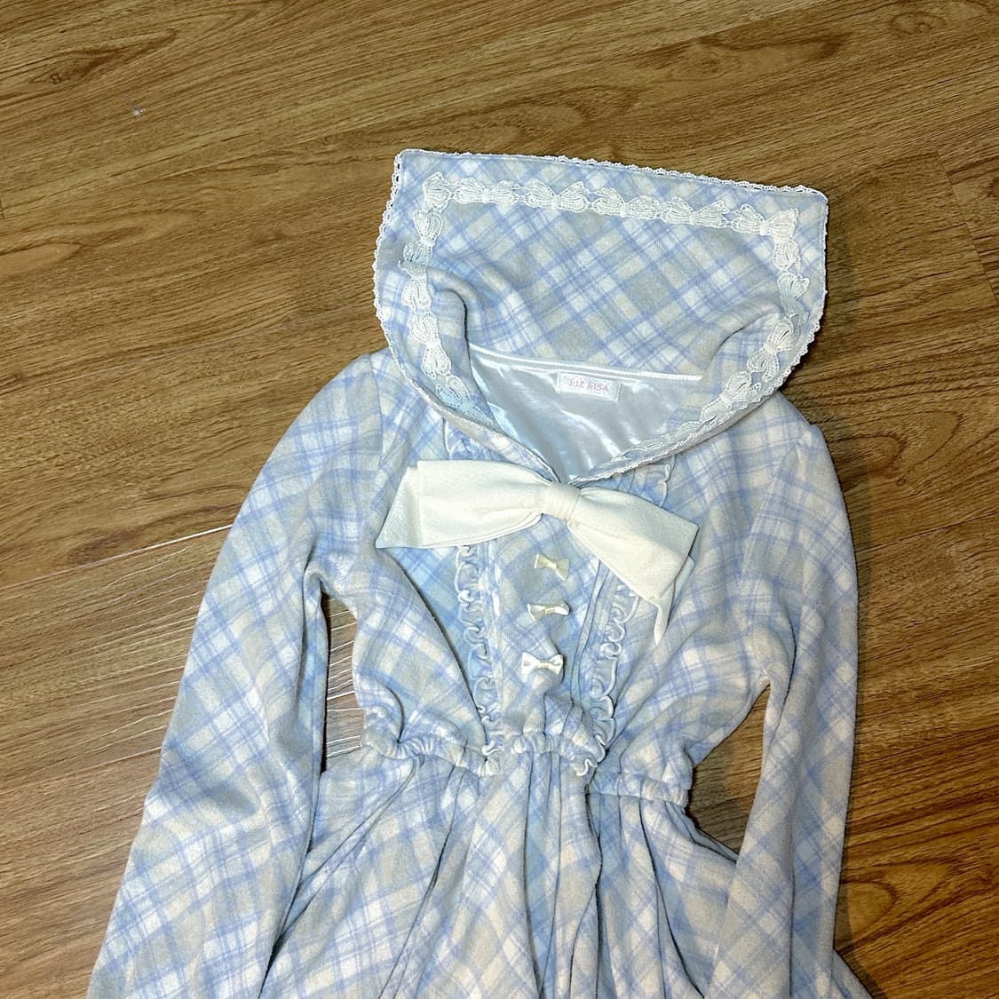빈티지 리즈리사 하늘색 체크 라떼 리본 세일러 원피스 히메갸루 아일릿 상품이미지2