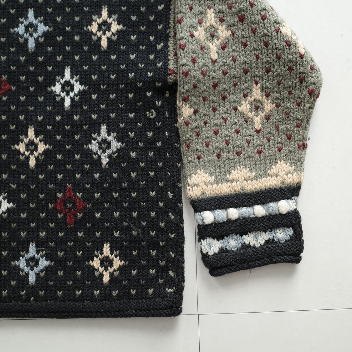 80s 엘엘빈 L사이즈 핸드니트 북유럽 패턴 울 스웨터 버드아이 상품이미지3