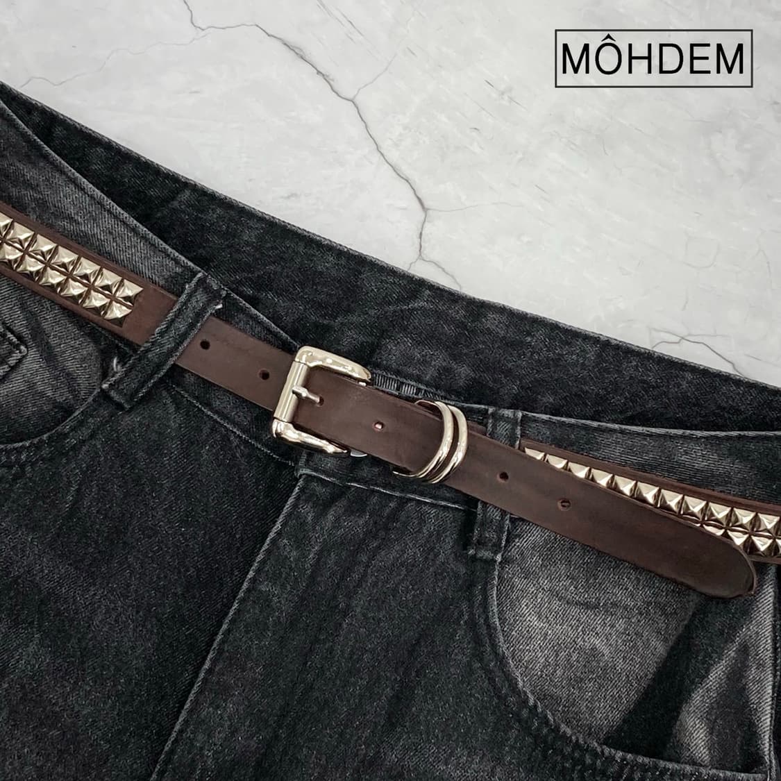 [Unisex] 락시크 스터드 웨스턴 가죽 벨트 브라운 상품이미지3