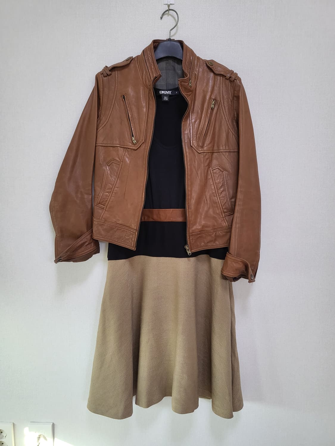 일본구매 DKNY 도나카렌 리얼가죽+고급린넨+면 배색 원피스 free 상품이미지7