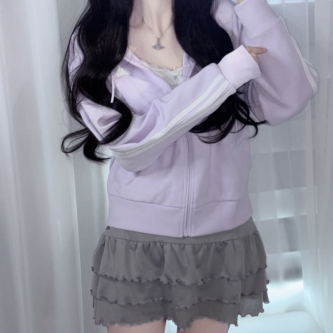 아디다스 퍼플 연보라 아방핏 삼선 반크롭 후드집업 s 상품이미지3