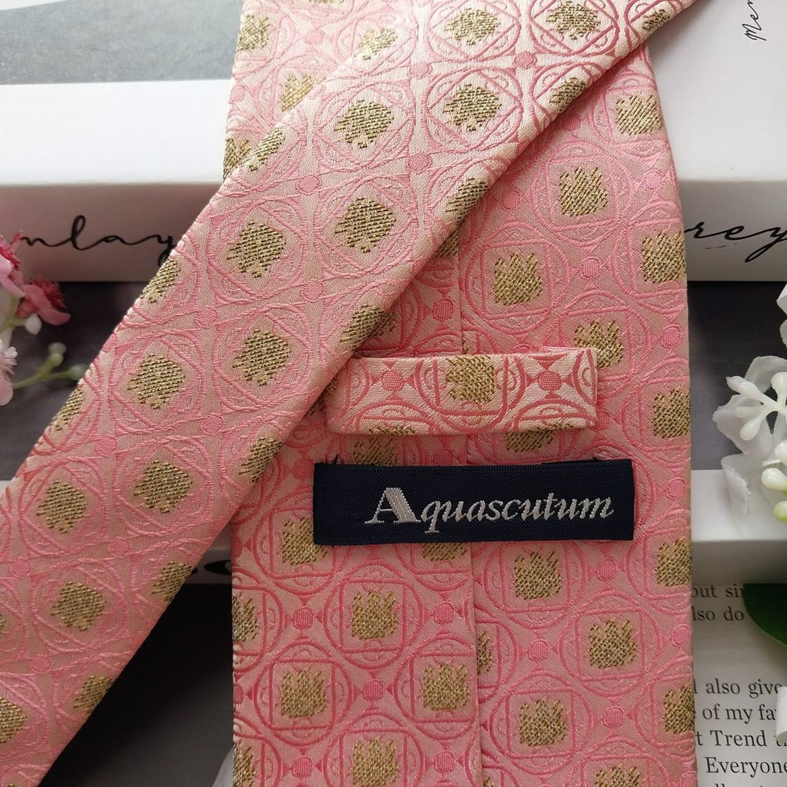 아쿠아스큐텀 실크 핑크 자카드 패턴 넥타이 9.5cm A+등급 K2108 상품이미지5