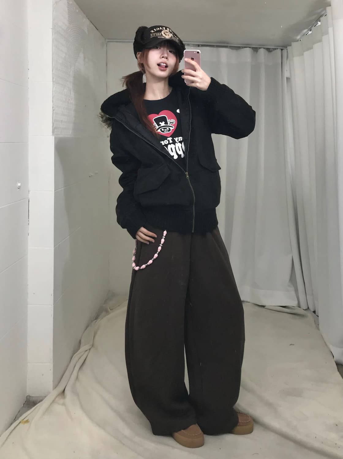 아이 러브 쵸파 원피스 브라운 퍼 카와이 스트릿 코디 세트 상품이미지1