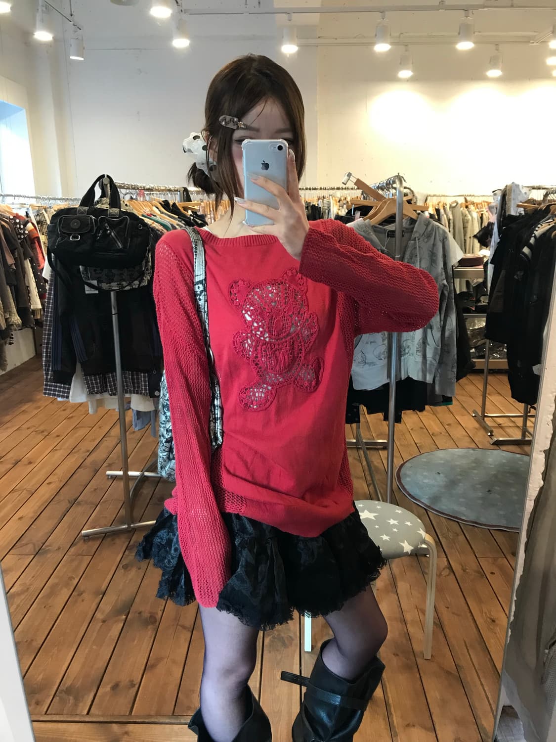 히스테릭글래머 레드 퍽베어 그물 니트 상품이미지4