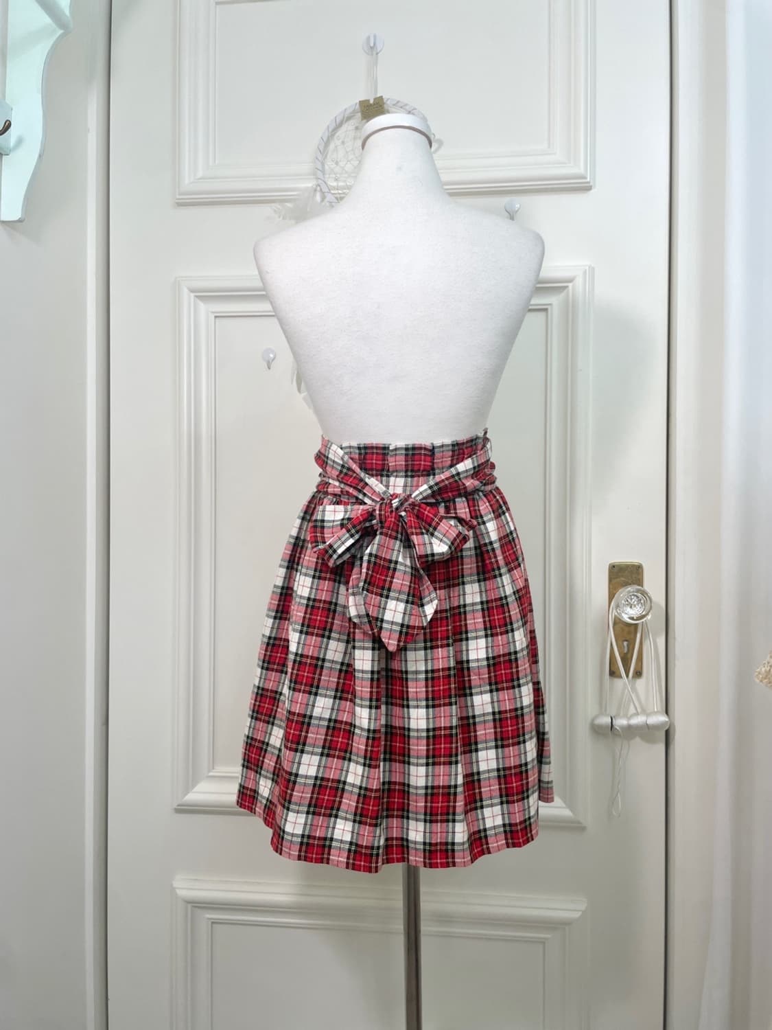red check button back bow midi skirt 상품이미지3