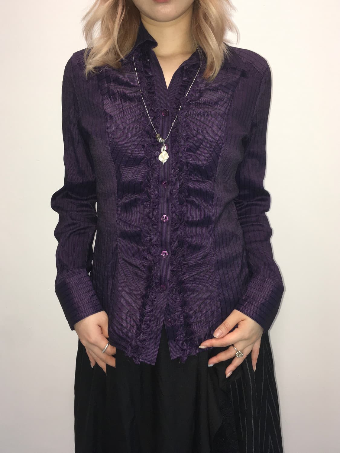 jpn vintage purple frill stripe shirts 상품이미지3