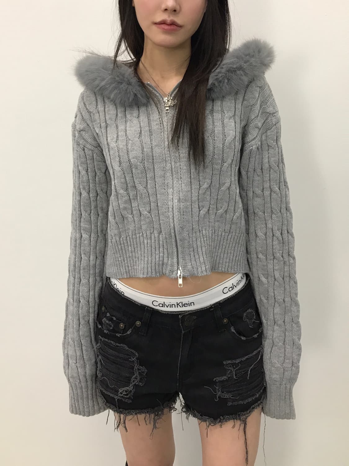Jpn Grey Knit Fur Zip Up Hoodies 상품이미지1
