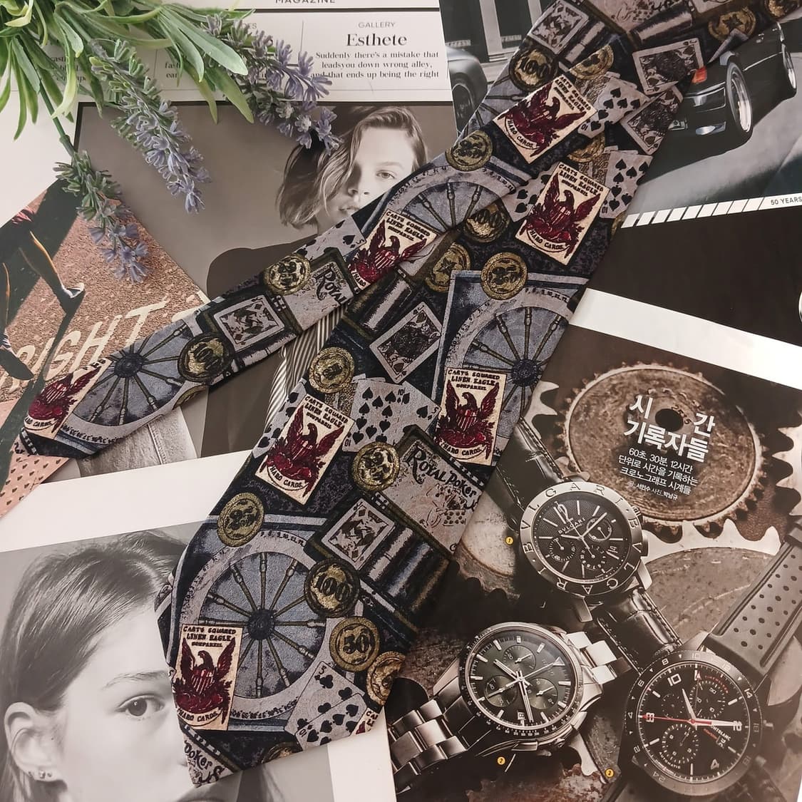 게스 실크 그레이 빈티지 카드 패턴 넥타이 10cm A+등급 A19107 상품이미지2