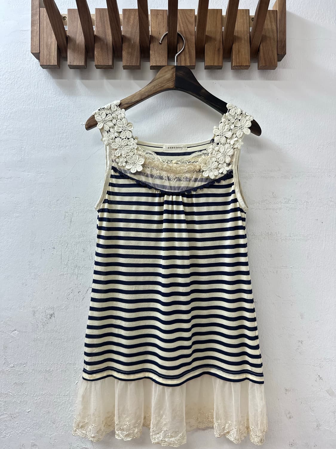 일본빈티지 Axes Femme 플라워 크로쉐 레이스 스트라이프 슬리브리스 상품이미지1