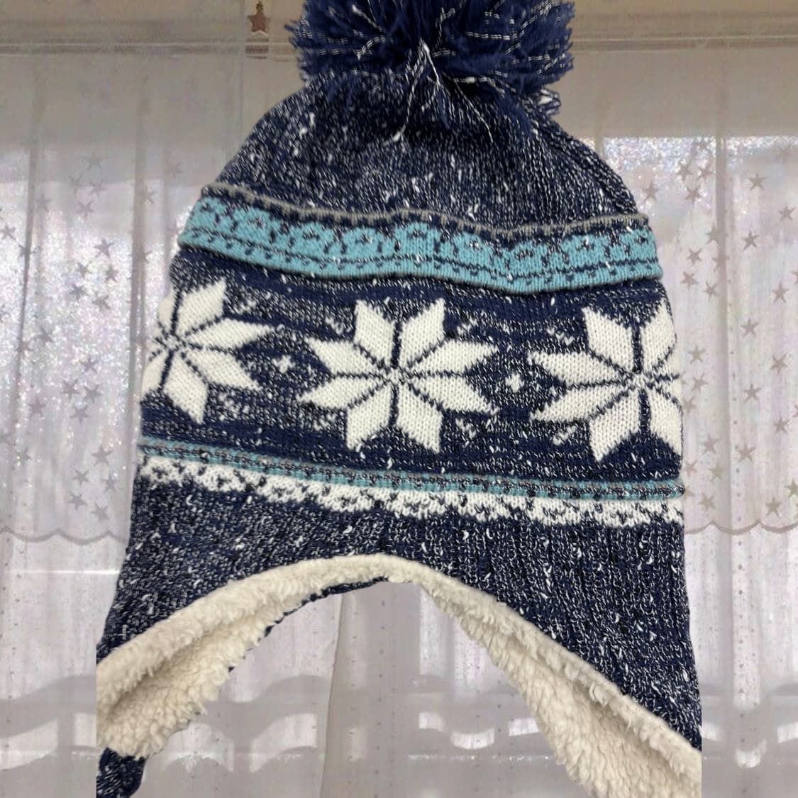 빈티지 눈꽃 블루 폼폼 방울 귀도리 모자 트루퍼햇 일본 상품이미지3