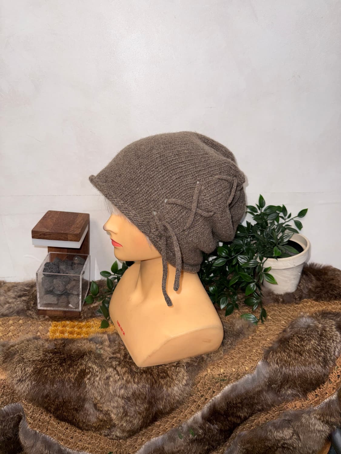Ash brown laceup loose knit beanie 상품이미지2