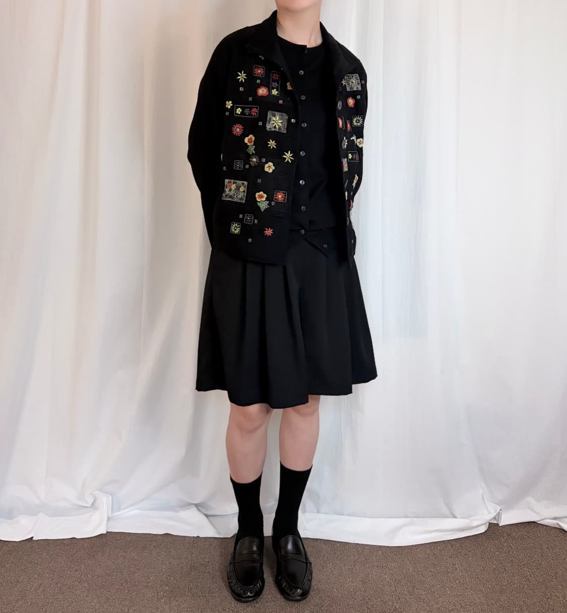 Floral Patchwork Knit Blouson - Black 상품이미지3