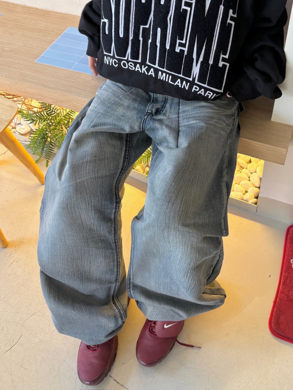 90s 빈티지 백포켓 자수 워싱 데님 와이드팬츠 상품이미지2