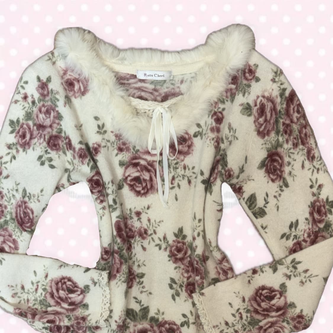 Rosa Cheri 로사체리 로즈 플라워 퍼 카라 블라우스 털 긴팔 상의 상품이미지2