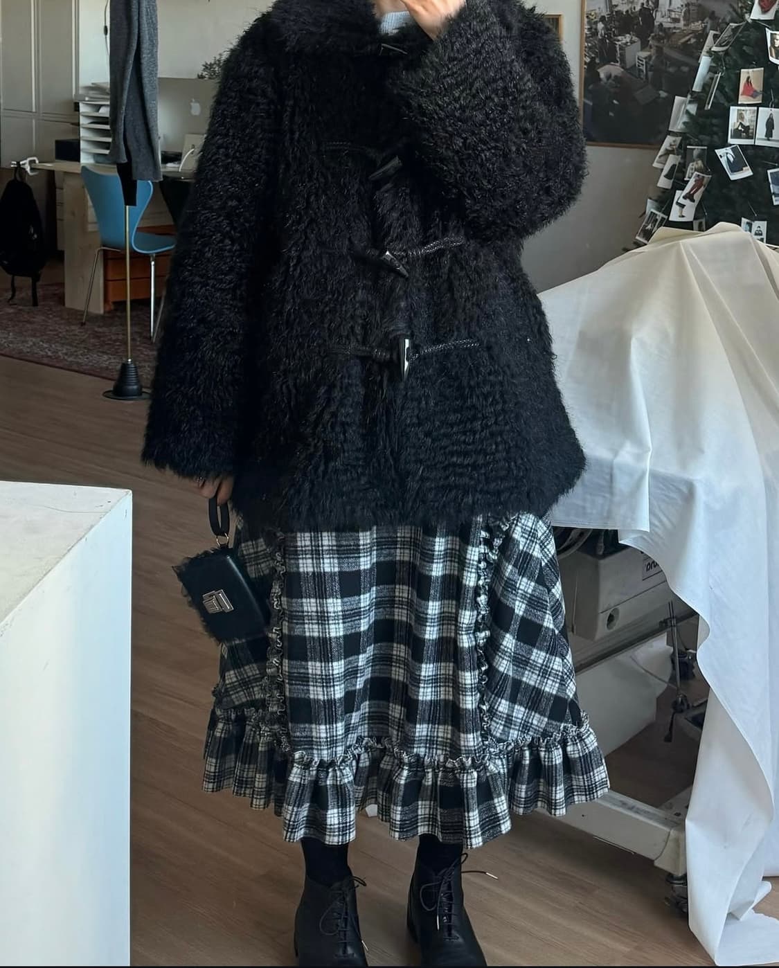 RUFFLE WOOL SKIRT - BLACK CHECK 상품이미지1