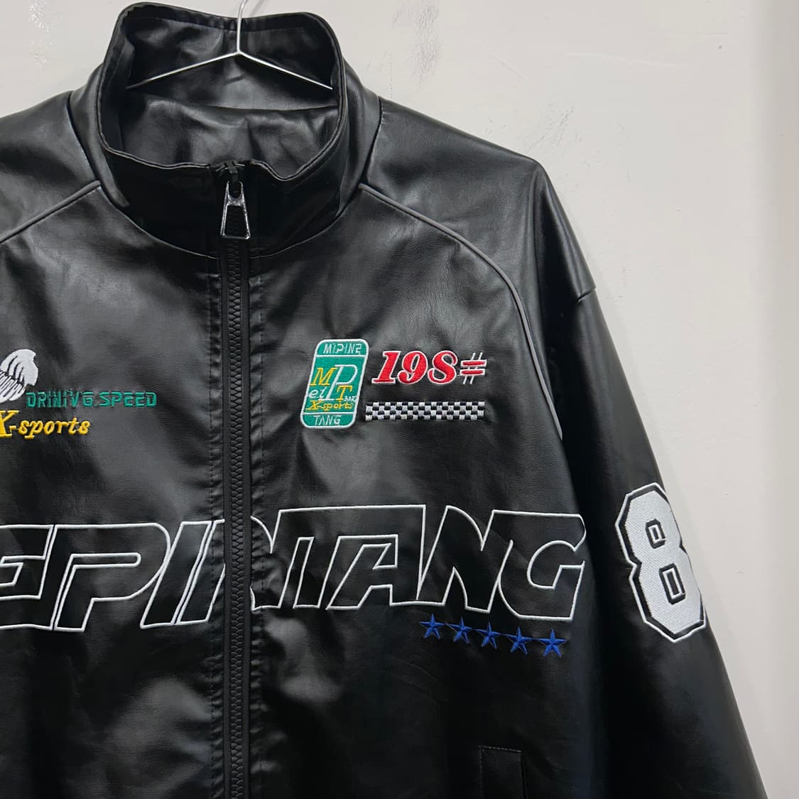 빈티지 레이싱 팀 로고 자수 레더 자켓 상품이미지1