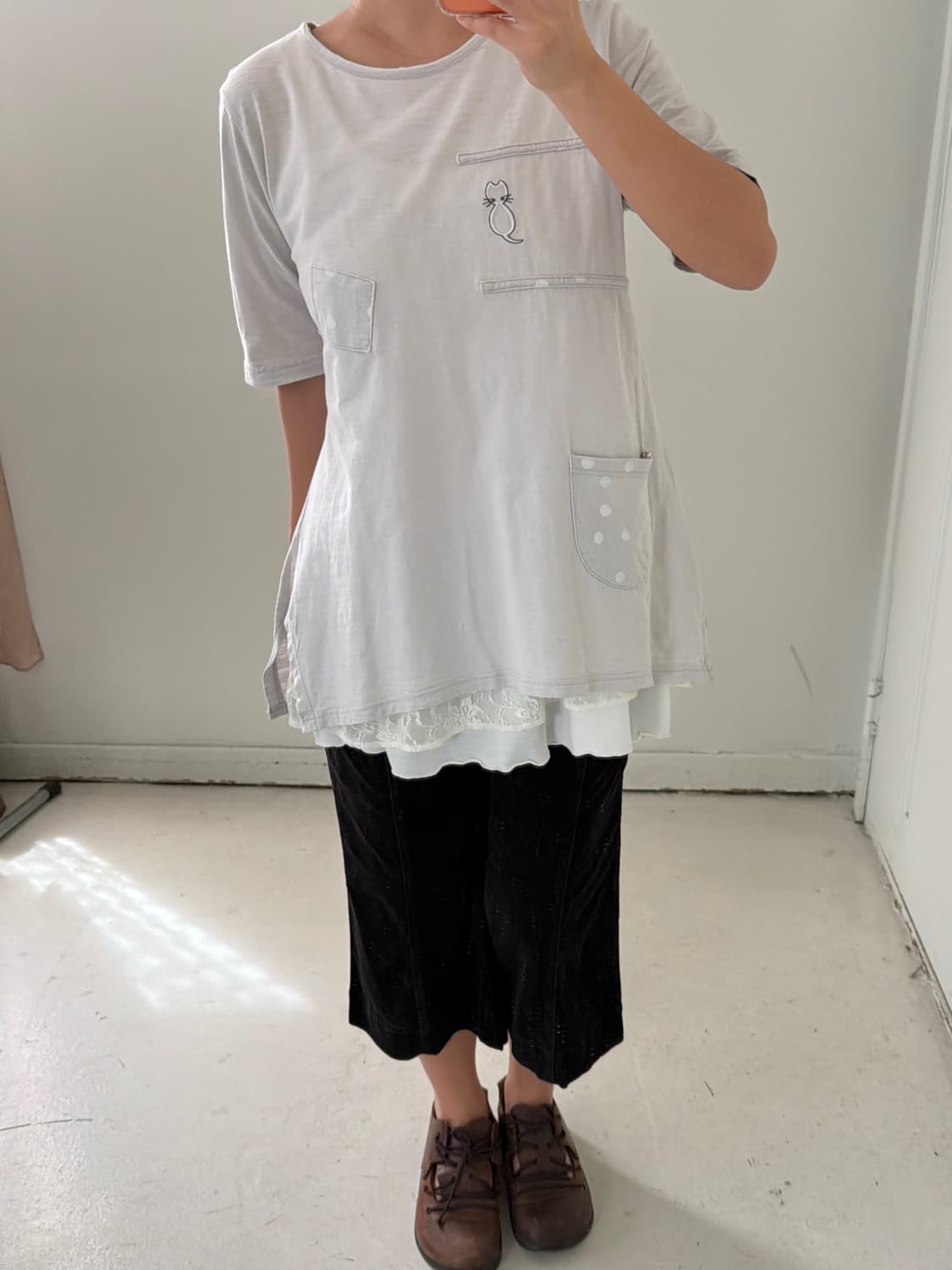 일본빈티지 모리 하구미 도트 고양이 반팔티 상품이미지2