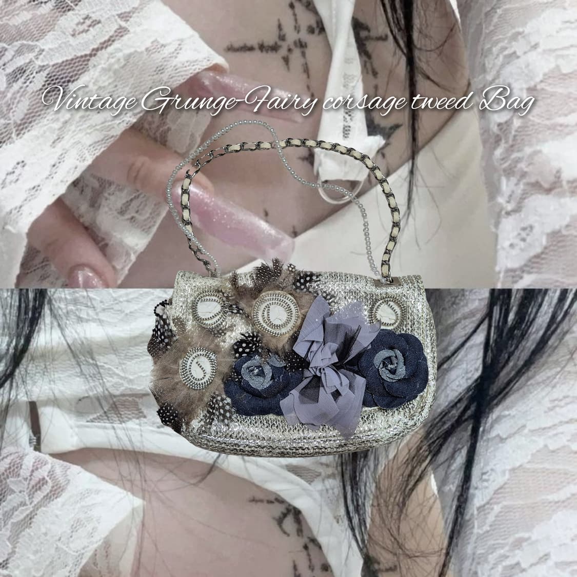 Vintage Grunge-Fairy corsage tweed Bag 상품이미지1