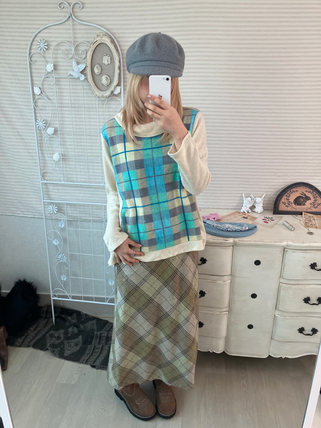 jpn vintage olive khaki check wool skirt 상품이미지4