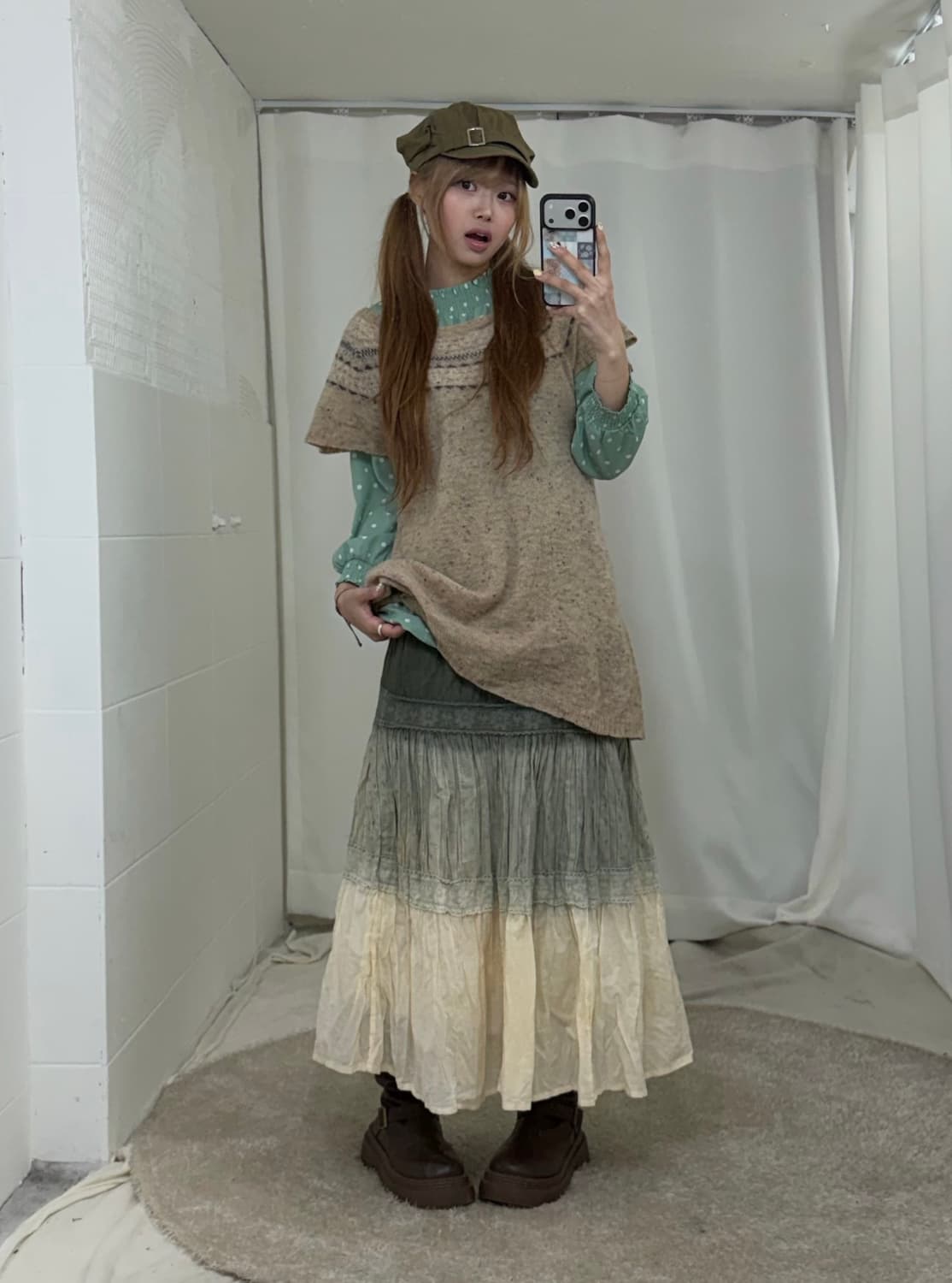 카키 민트 도트 하구미 모리걸 야상 코디세트 상품이미지3