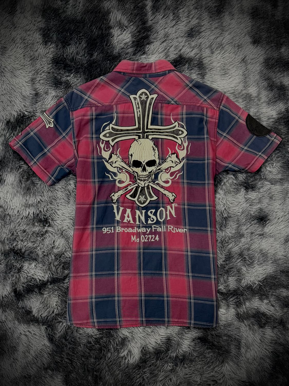 Vanson 스컬 자수 패치 체크 반팔 셔츠 상품이미지1