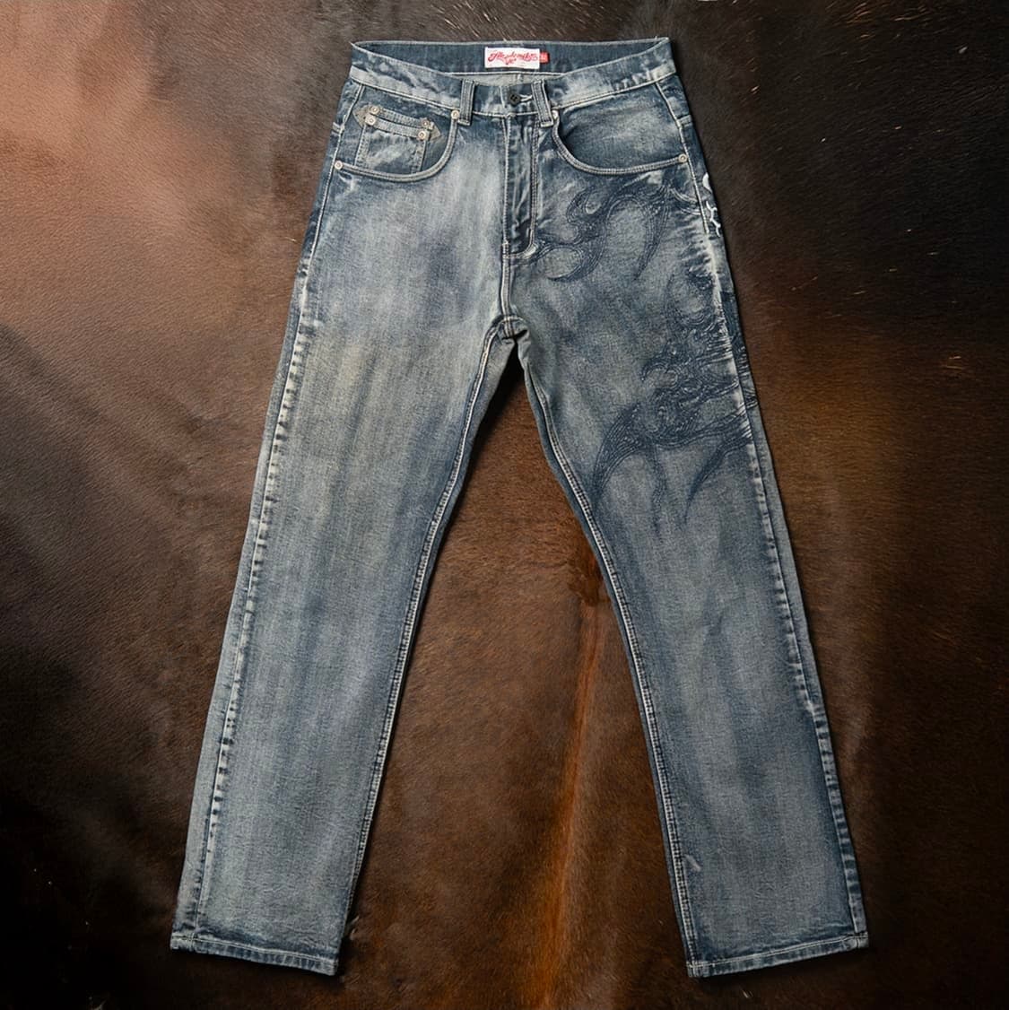 아카데믹스 데님 빈티지 워시드 자수 올드스쿨 연청 데님 팬츠 2000s 상품이미지1