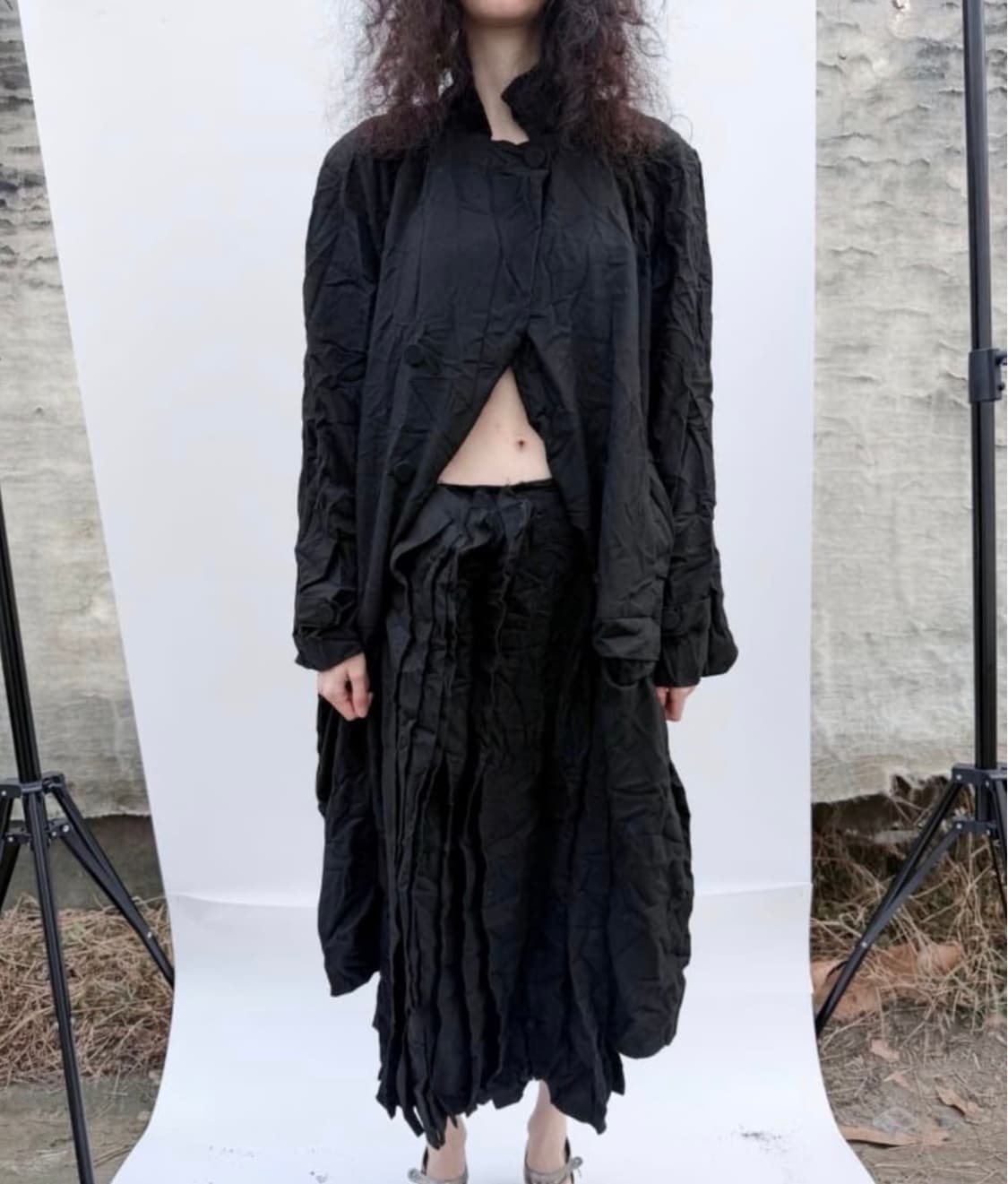 Paper Wool Offbeat Pleats Skirt - Black 상품이미지2