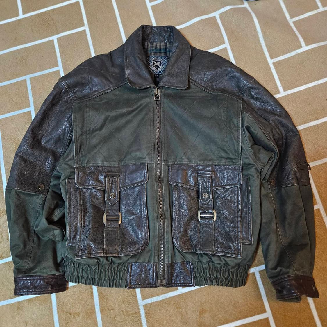 CHEETAN 90's Vintage 벨트 포켓 가죽 블럭 자켓 상품이미지1