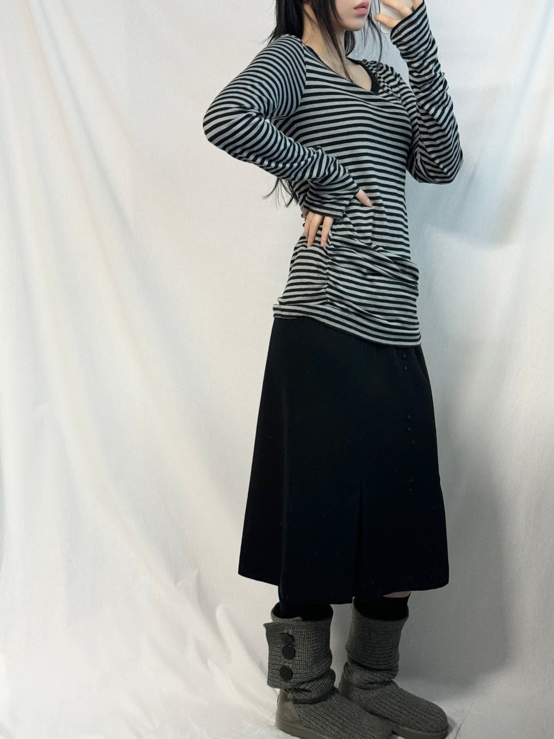 사이드 지퍼 핸드워머 셔링 탑 울 스커트 3pcs SET 상품이미지5