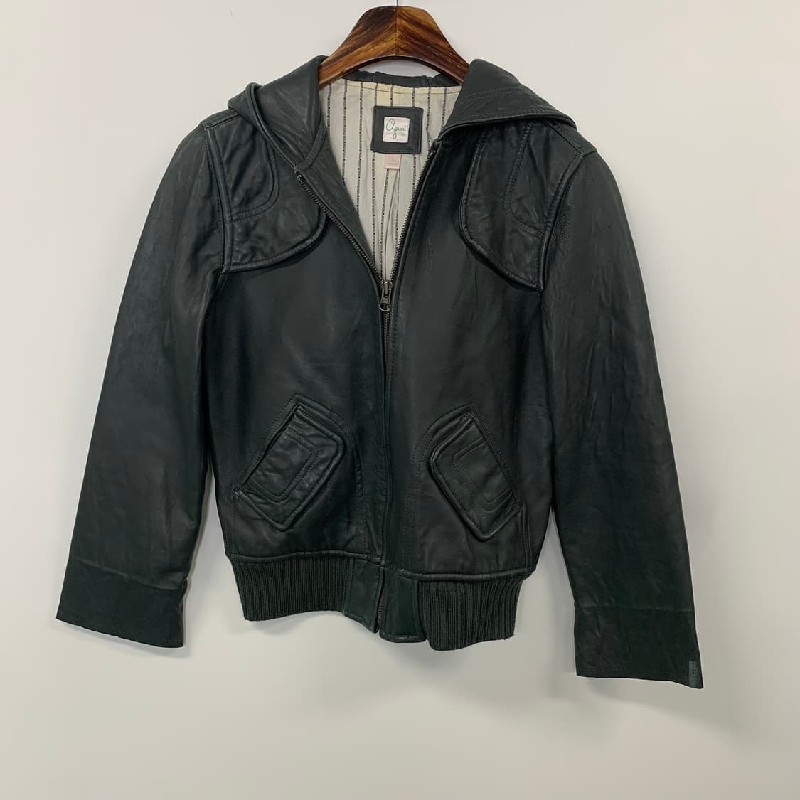 Vintage 카키 양가죽 레더 후드 자켓 상품이미지3