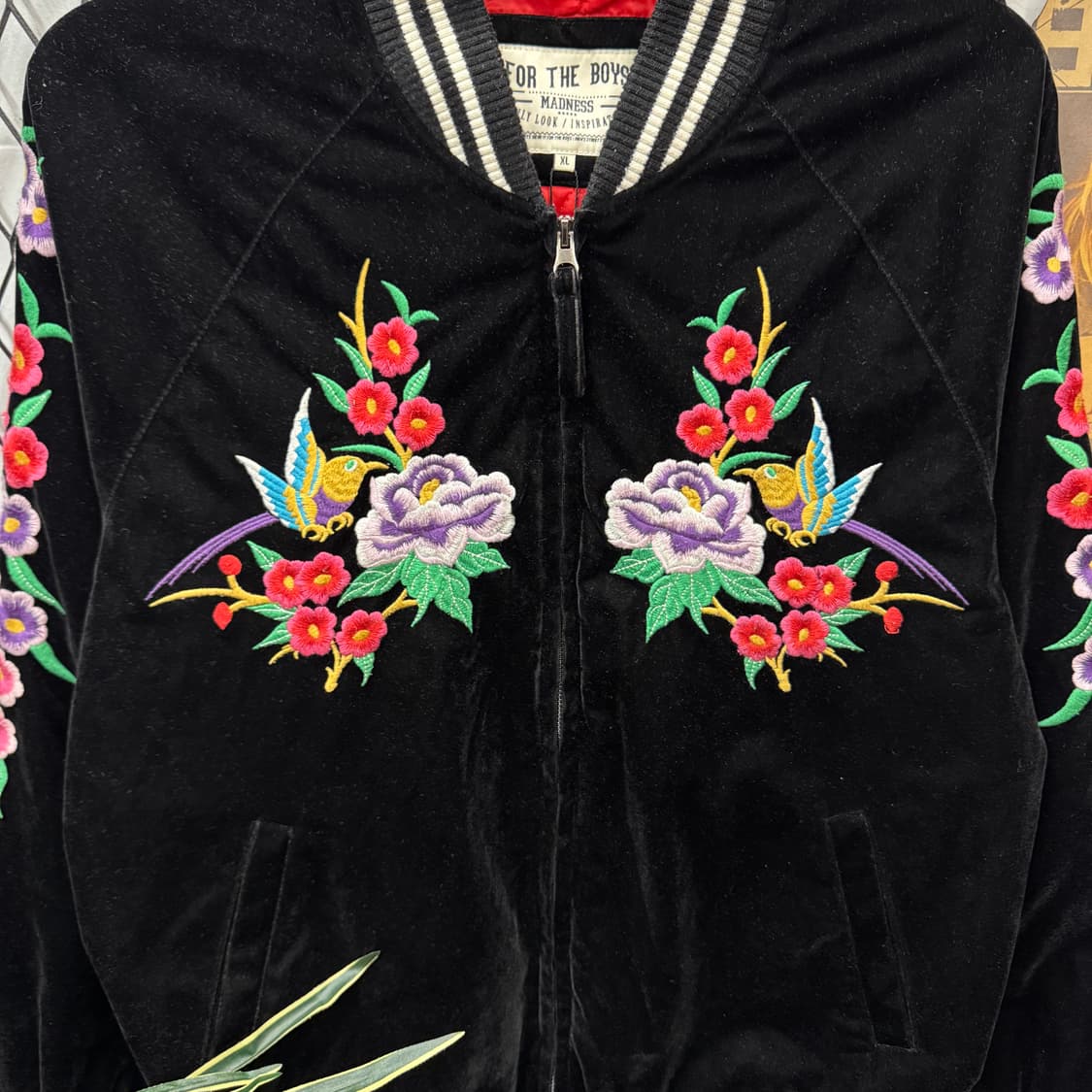 빈티지 벨벳 스카쟌 전후면 플라워 버드 자수 포인트 블랙 상품이미지5