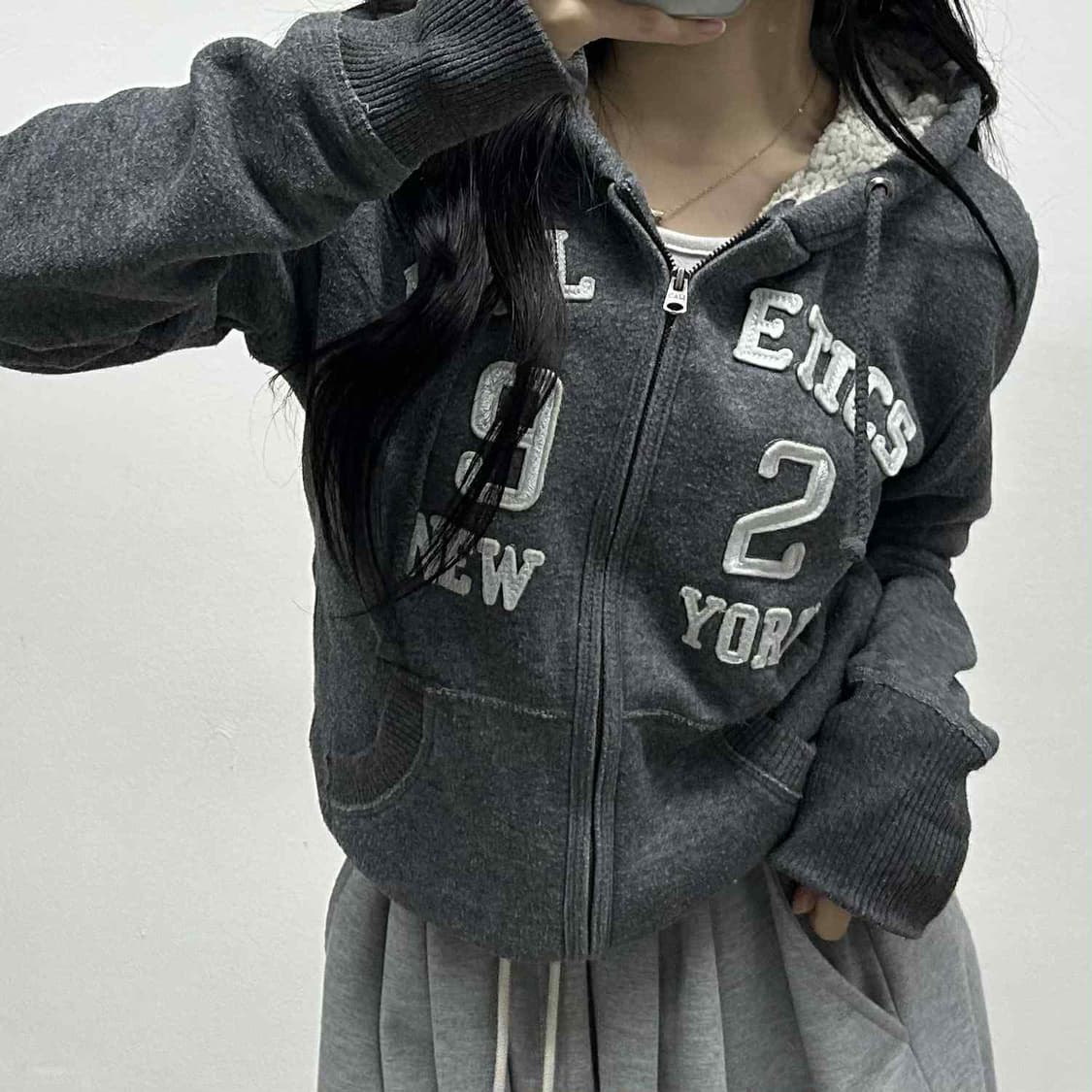 아베크롬비 y2k 울프죠 그레이 양털 후드집업 희귀져지(L) 상품이미지1