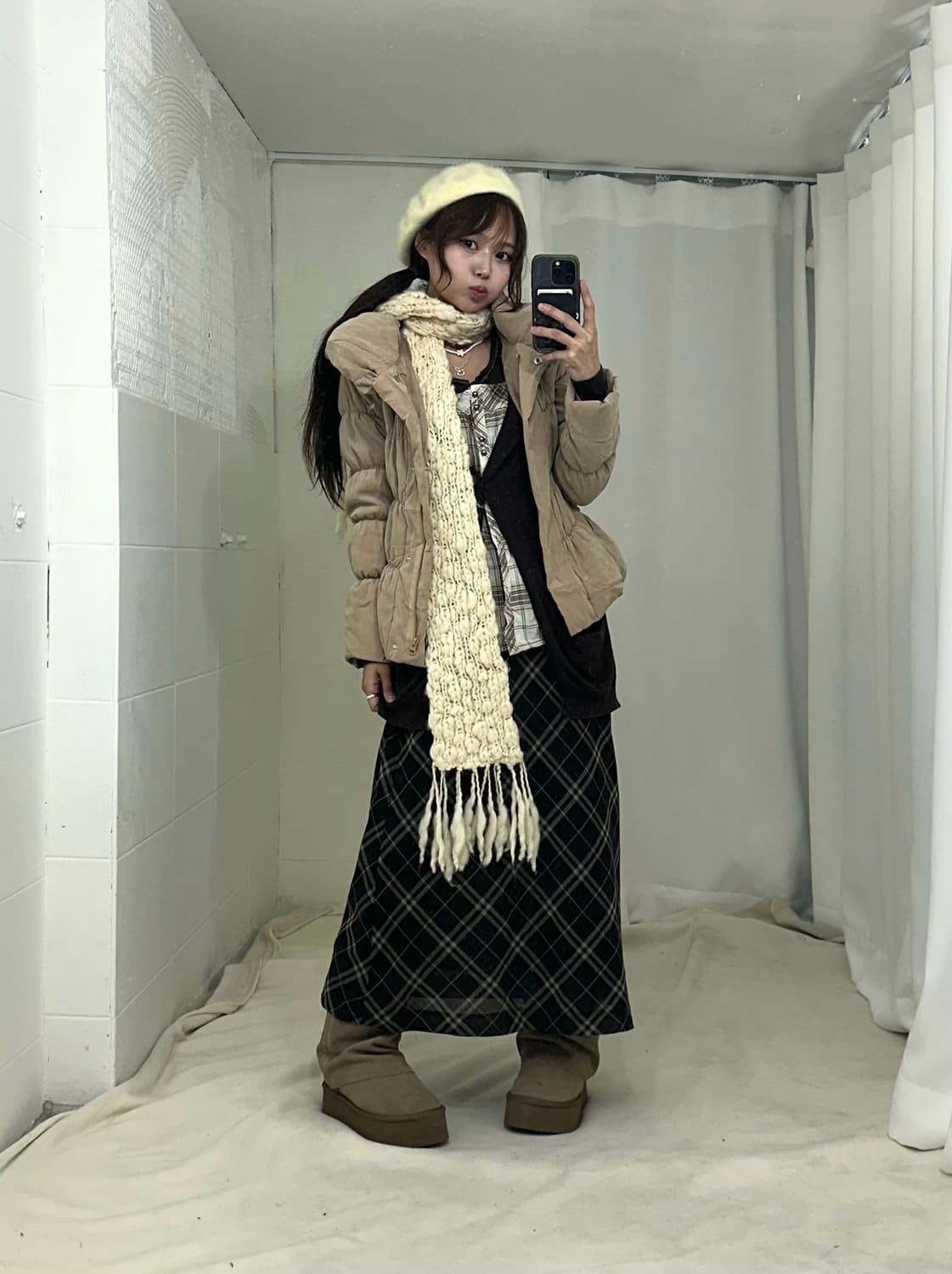 브라운 모카무스 체크 패딩 모리걸 코디세트 상품이미지1